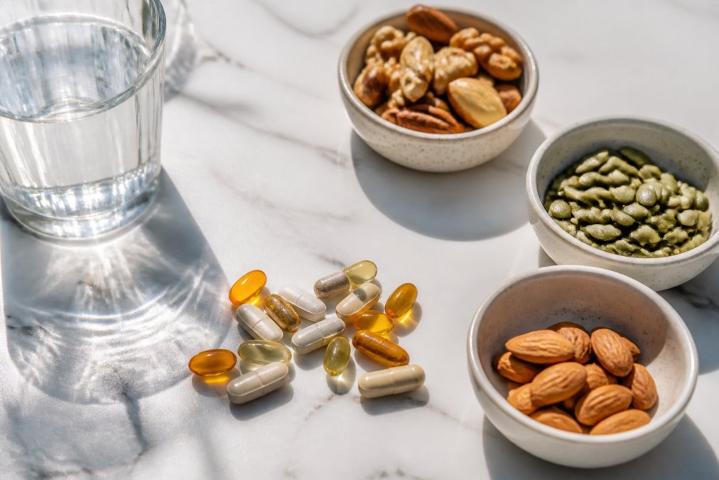 A flat-lay arrangement of supplement capsules, a glass of water, and small ceramic bowls of mixed nuts, pumpkin seeds, and almonds on a clean white marble surface, natural side lighting, representing micronutrients for hormonal health