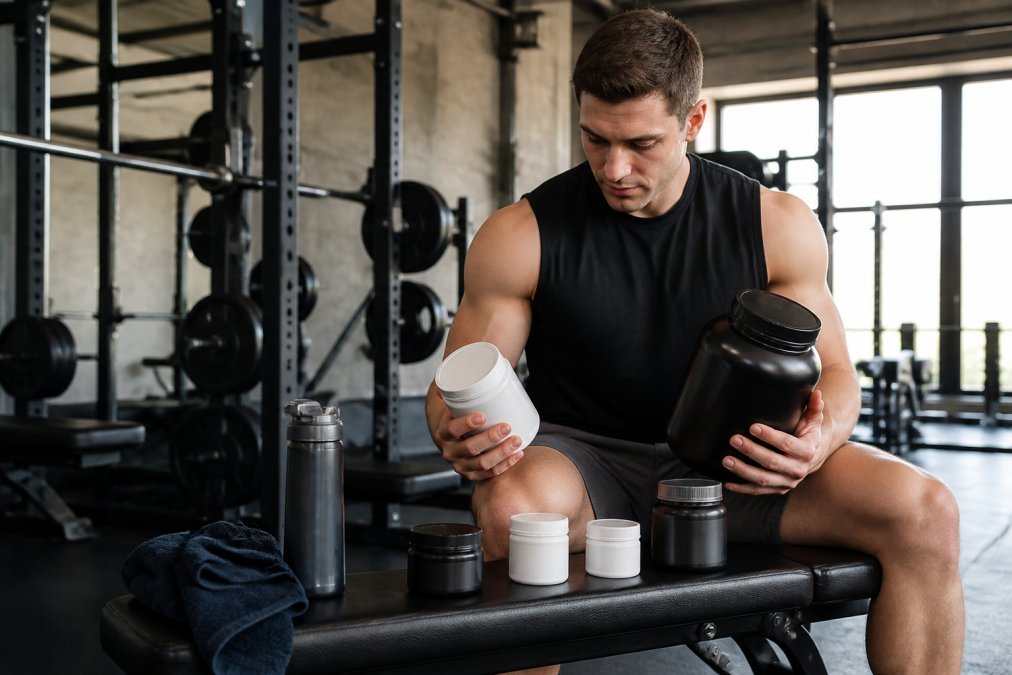 Athlete in modern gym holding protein powder and creatine containers, preparing supplements on a workout bench with water bottle and towel nearby, natural gym lighting