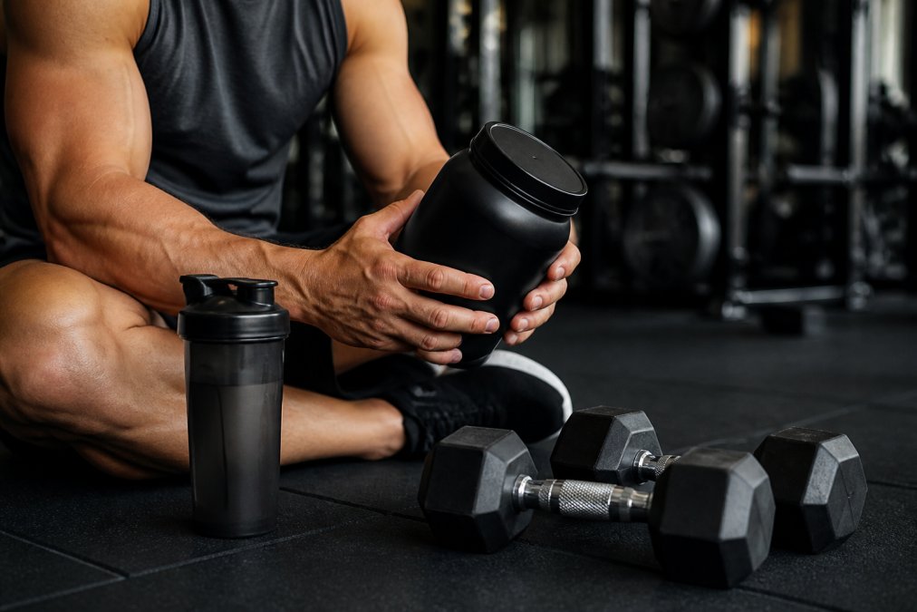 Close-up of a muscular athlete's hands holding a joint supplement container next to a shaker bottle and dumbbells on a gym floor