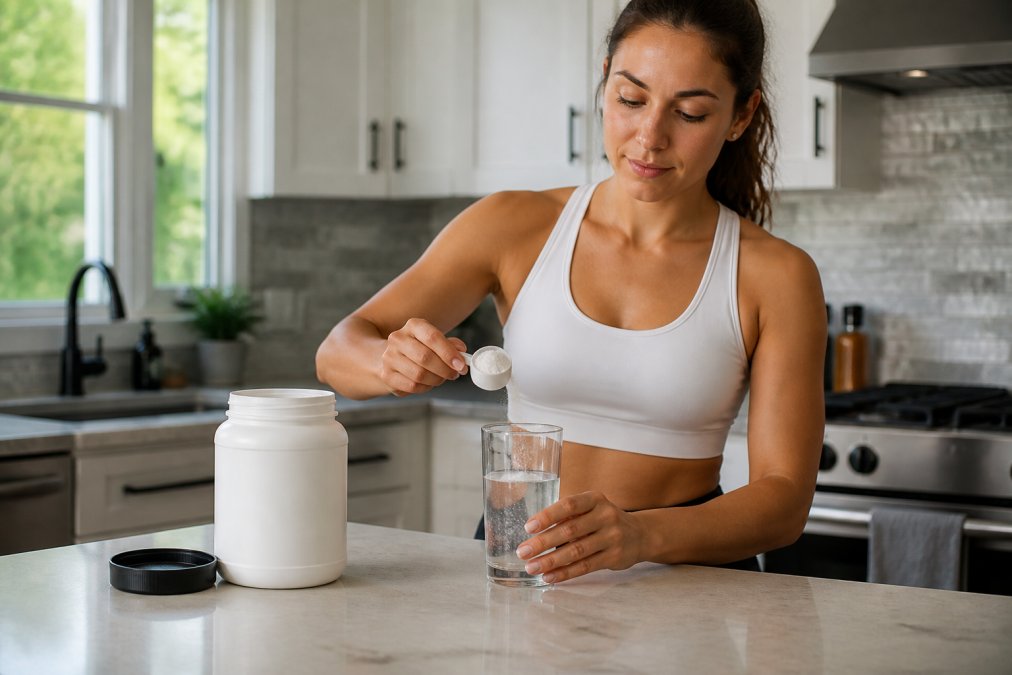 A person in athletic wear mixing a scoop of white collagen powder into a glass of water in a bright kitchen, with a bottle of supplements on the counter nearby