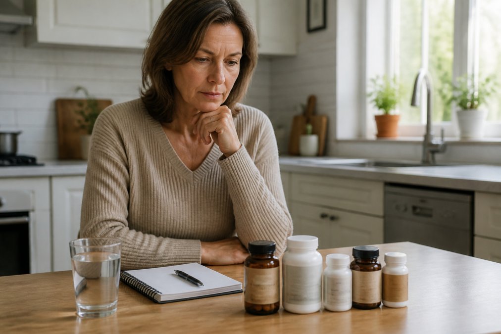 Comparison chart of the best supplements for menopause symptoms at home arranged on a kitchen table.