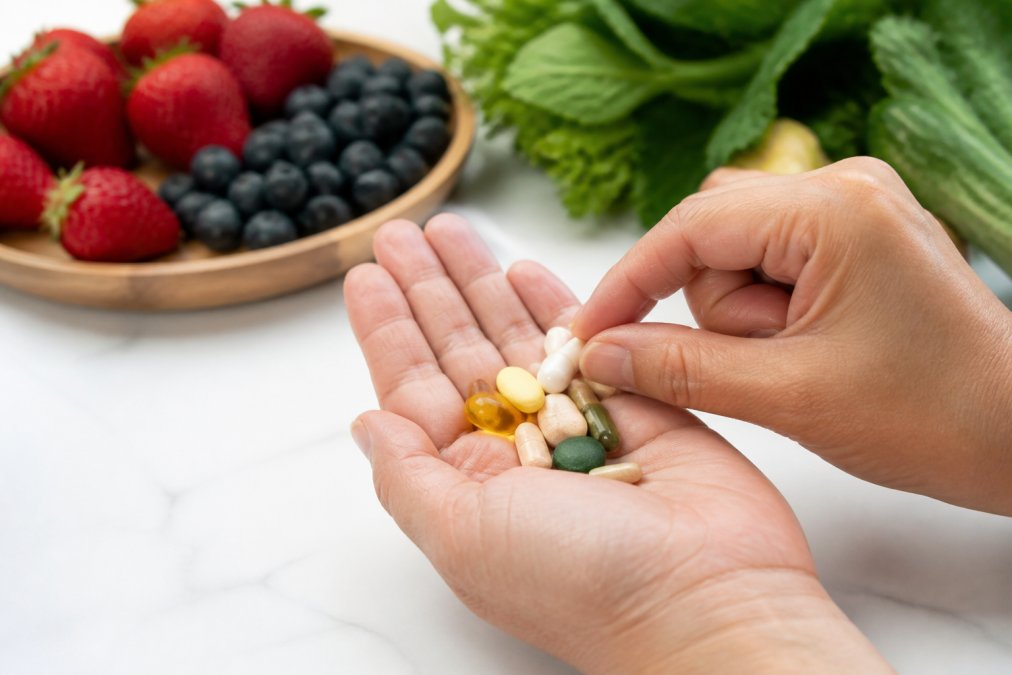 Close-up of hands holding a variety of supplement capsules and tablets on a clean white surface, with fresh berries and leafy greens in soft focus in the background