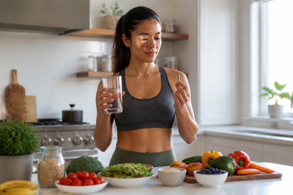 Person in a bright, modern kitchen holding a glass of water and a supplement capsule, with fresh vegetables, whole grains, and a salad bowl arranged on a clean white counter in natural daylight