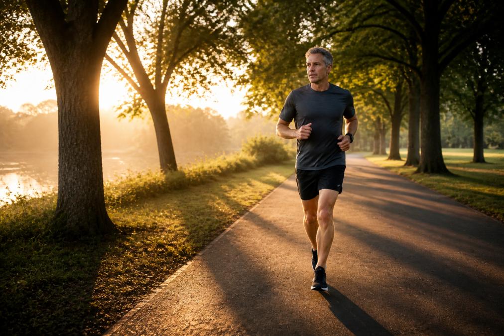 Person jogging on a tree-lined path at sunrise to boost mitochondrial support through daily exercise.