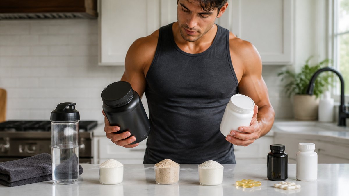 Athlete holding various supplement containers and protein powder scoops on a bright kitchen counter after a workout, with water bottle and towel nearby