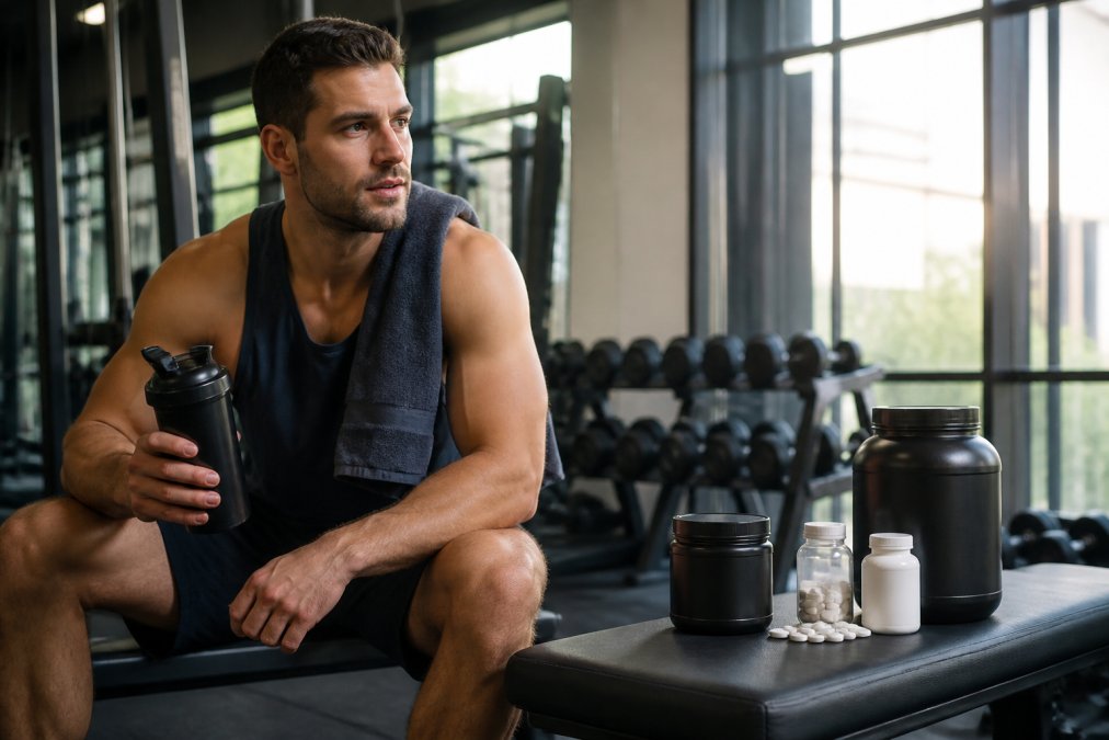 Athlete in a modern gym setting holding a protein shake bottle with various supplement containers including creatine and electrolyte pills visible on a nearby bench, natural daylight streaming through large windows