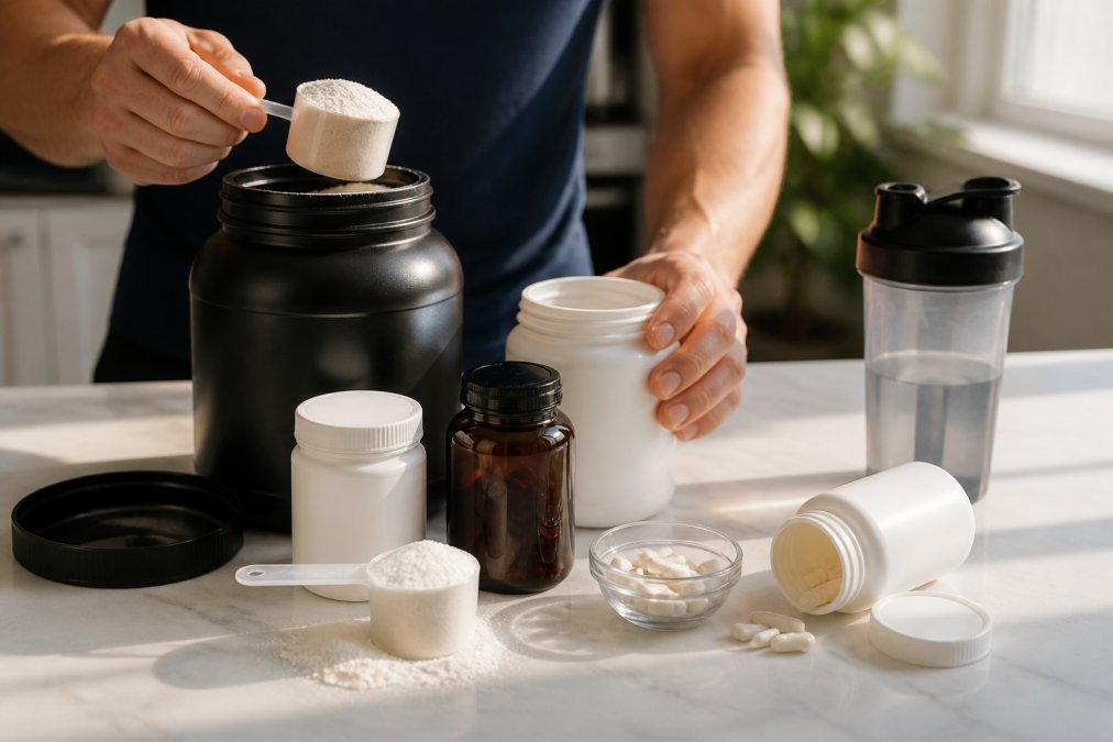 Close-up of hands arranging various supplement containers on a clean white marble surface, including protein powder scoops, creatine powder, electrolyte capsules, magnesium pills, and a tart cherry bottle, with natural morning light illuminating the products