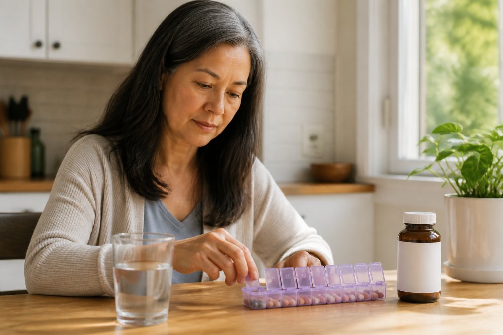 A woman in her 50s sitting at a kitchen table with a weekly pill organizer, a glass of water, and a supplement bottle, morning light through the window, calm and focused expression