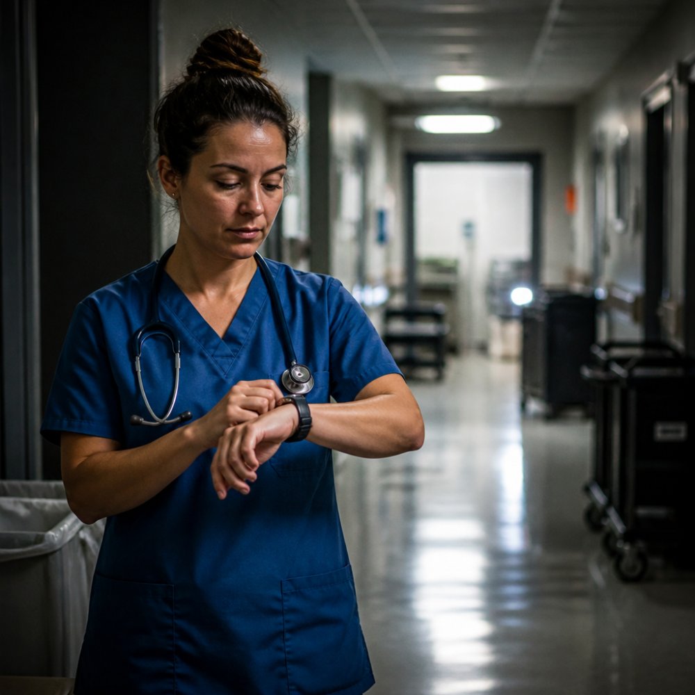 Healthcare worker checking watch for supplement timing in a dim hospital hallway at night
