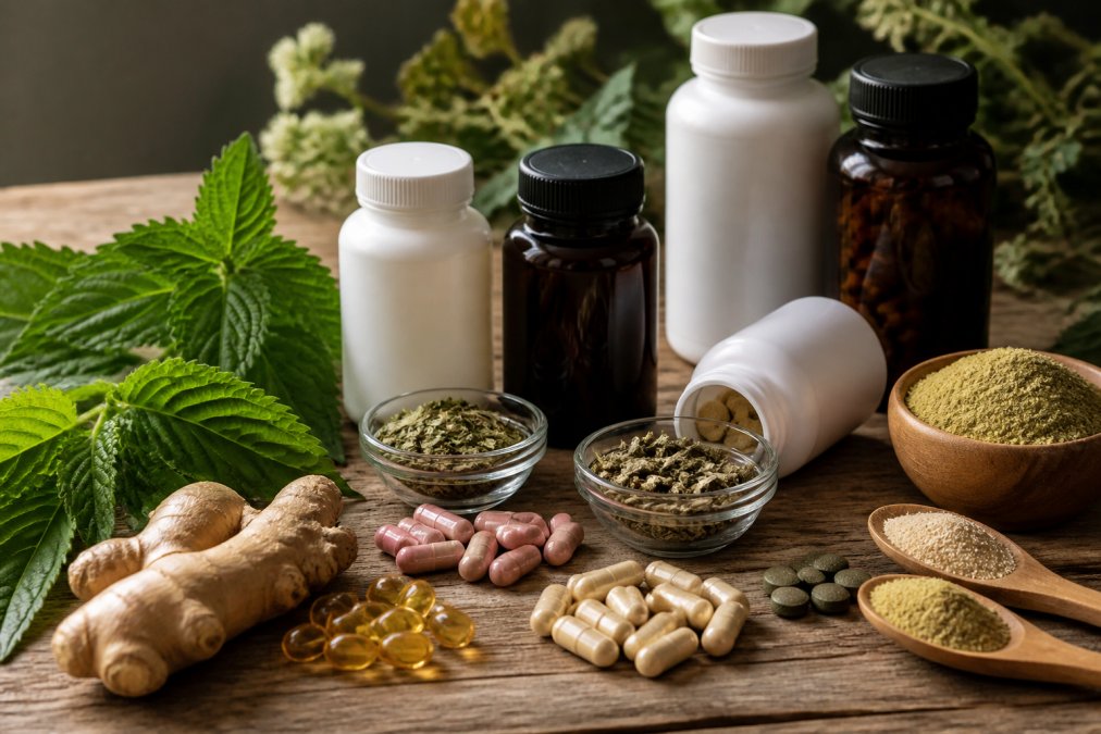 Close-up of various supplement bottles, capsules, and herbal powders arranged on a wooden surface with fresh herbs like ginger root and red raspberry leaves nearby, natural daylight illuminating the ingredients