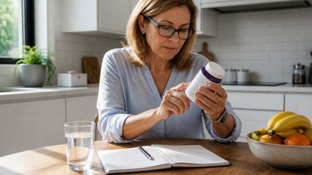 A woman in her fifties sitting at a kitchen table in soft morning light, reading a supplement label closely with reading glasses, a glass of water and a notebook beside her