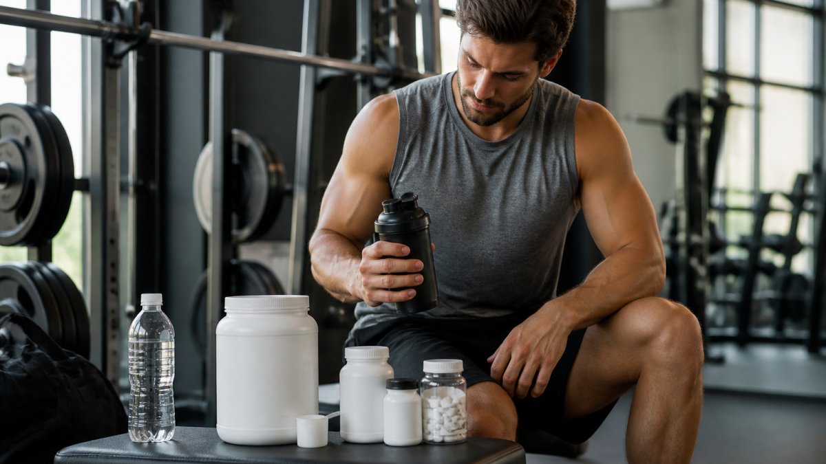 Athlete in a modern gym holding a shaker bottle with protein powder, water bottle, and recovery supplements on a weight bench, natural gym lighting