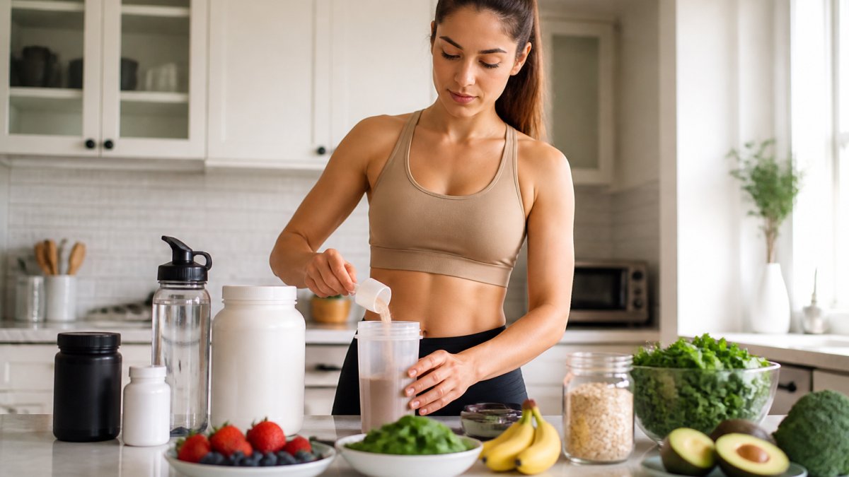 Person mixing a protein shake in a bright kitchen with fresh ingredients, a water bottle, and supplement containers visible on the counter