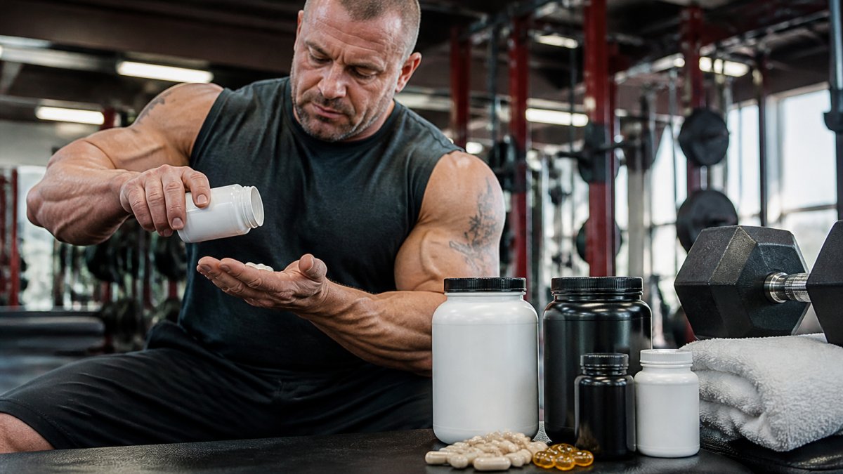Close-up of supplement bottles and capsules arranged on a gym bench with dumbbells and a white towel in the background, natural gym lighting