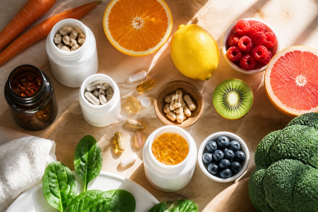 Overhead flat lay of colorful supplement bottles, capsules, and fresh fruits and vegetables arranged on a light wooden surface with natural morning sunlight