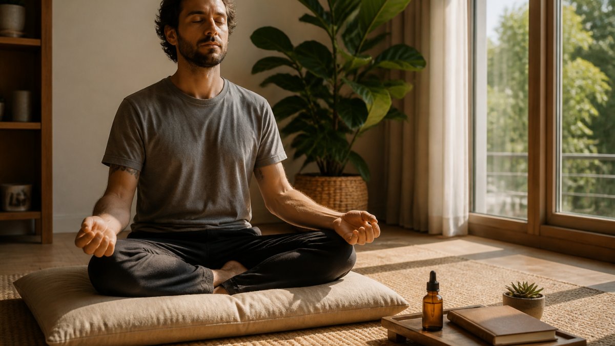 Person meditating on a cushion with a journal and liquid supplement nearby