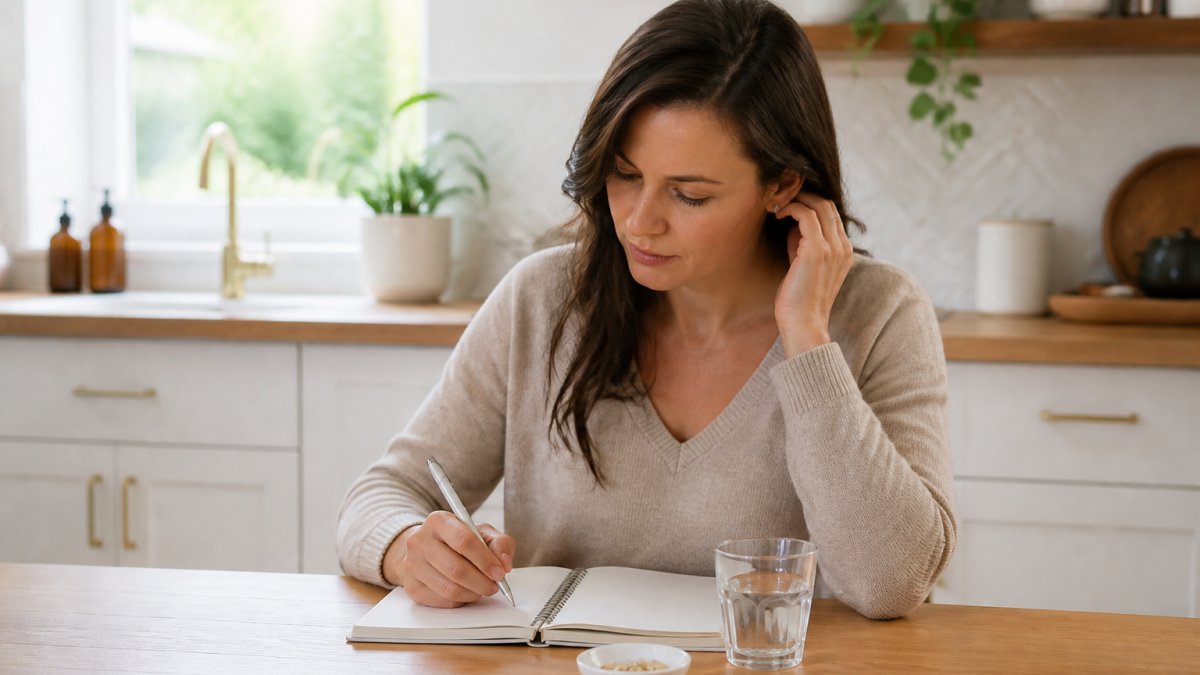 Woman holding a daily supplement capsule at a kitchen counter
