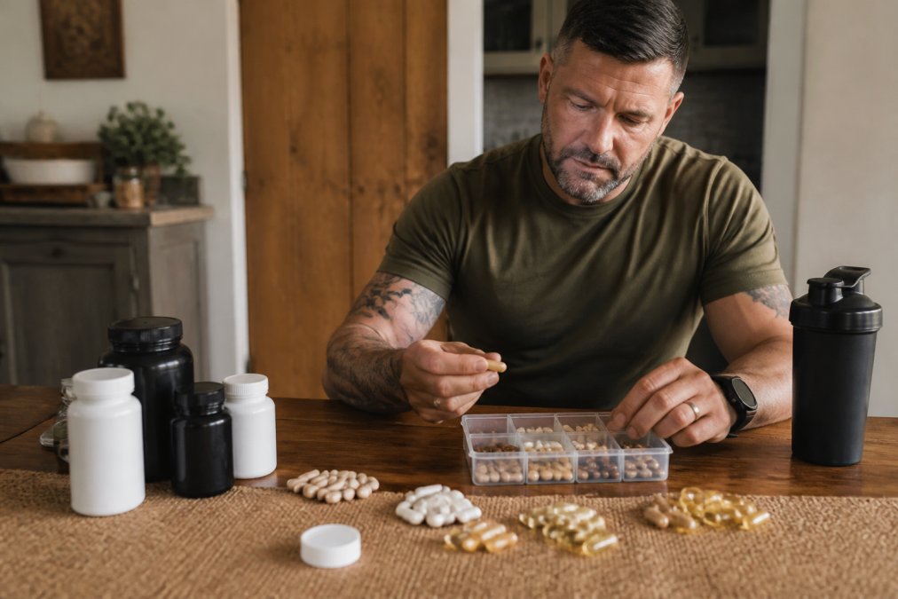 Veteran organizing supplement bottles and capsules on a clean surface, preparing their daily wellness regimen with intention and care
