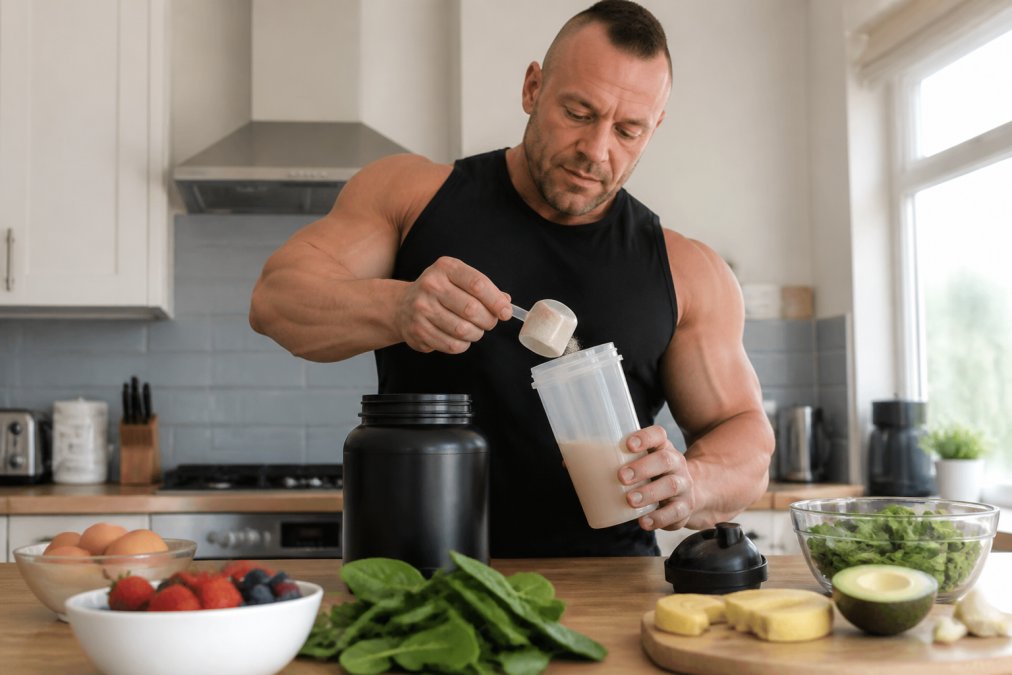 Fitness enthusiast in bright kitchen preparing protein shake with fresh ingredients visible, shaker bottle in hand, healthy food items on counter