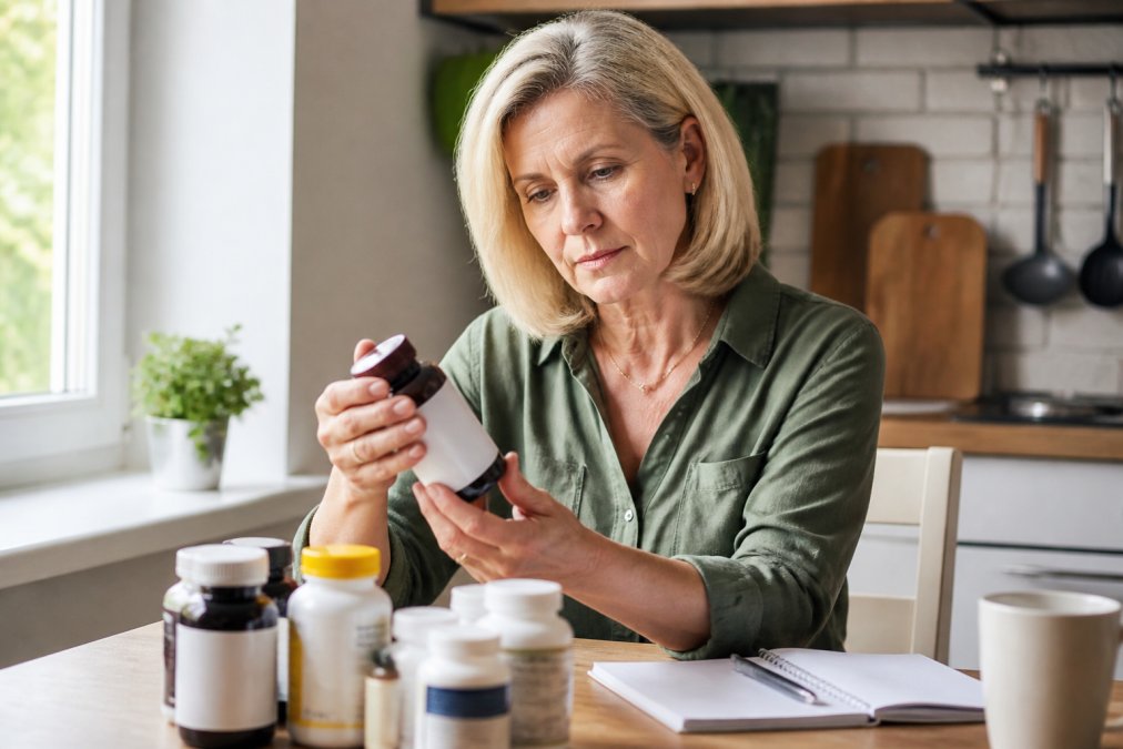 Close-up of a woman's hands reading supplement labels carefully, examining packaging and ingredient information in natural daylight