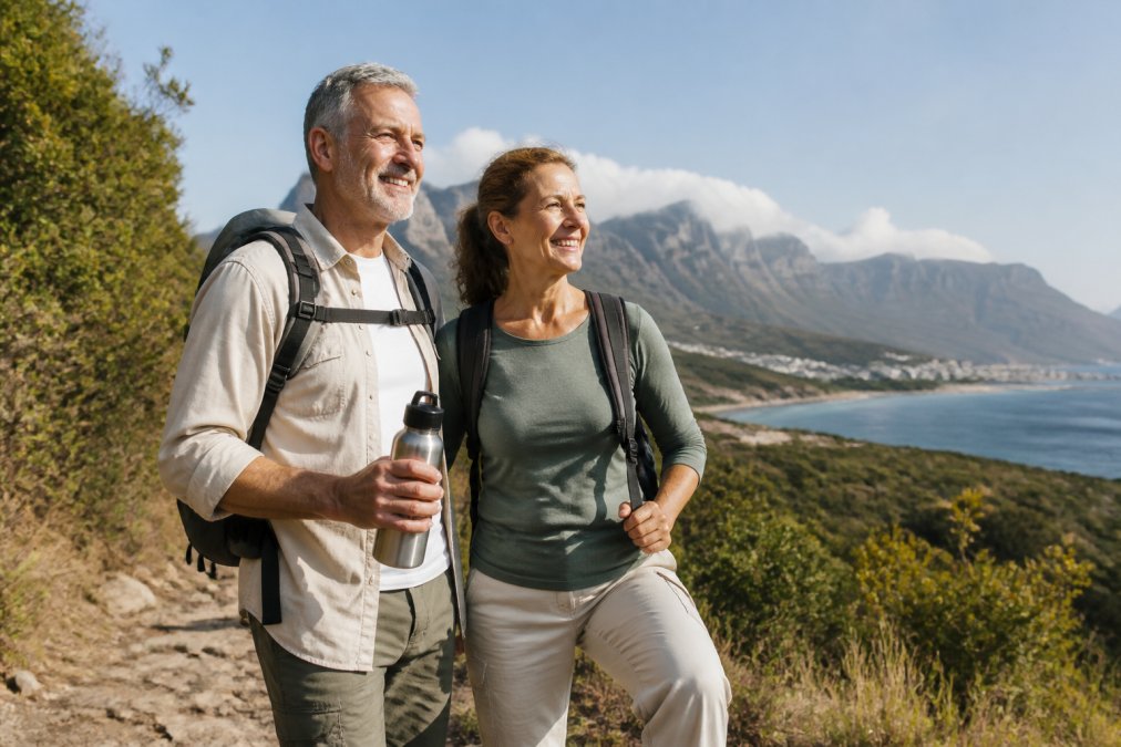 An active senior couple hiking on a scenic trail, smiling and looking toward the horizon with a water bottle in hand