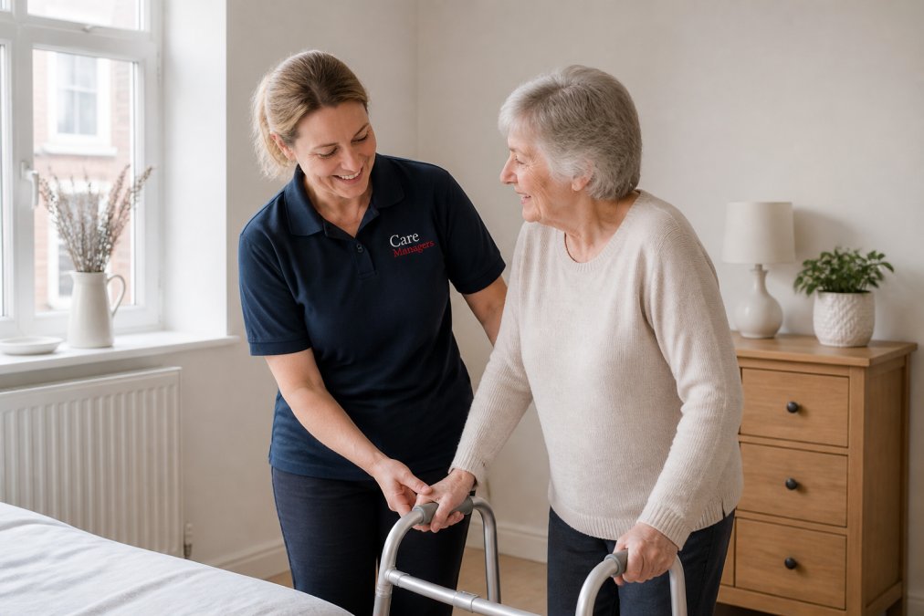 Professional care support worker assisting an adult with daily living tasks in a bright, comfortable home environment, showing respectful interaction and dignity