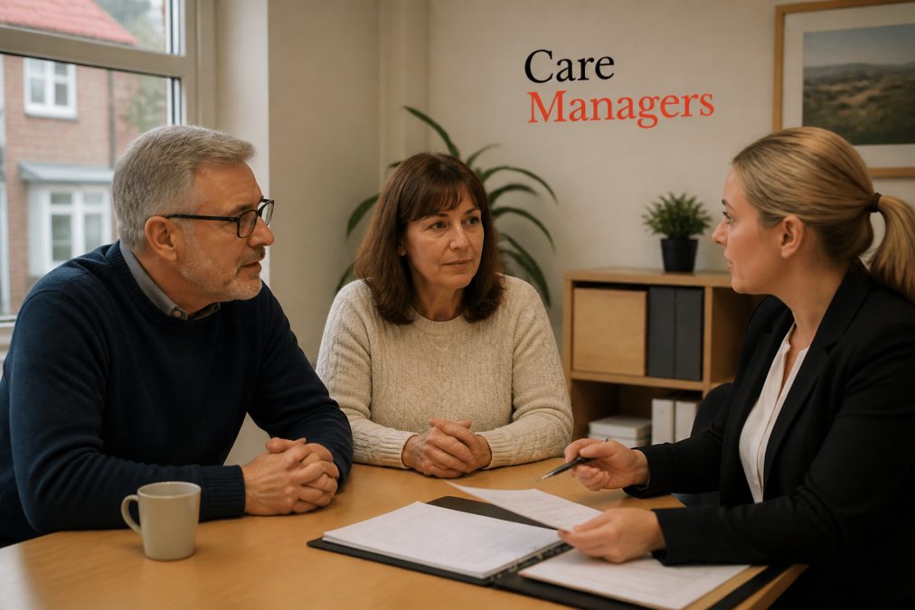 Family meeting with a care manager in a professional setting to discuss personalised support plans, individual needs and care options around a table