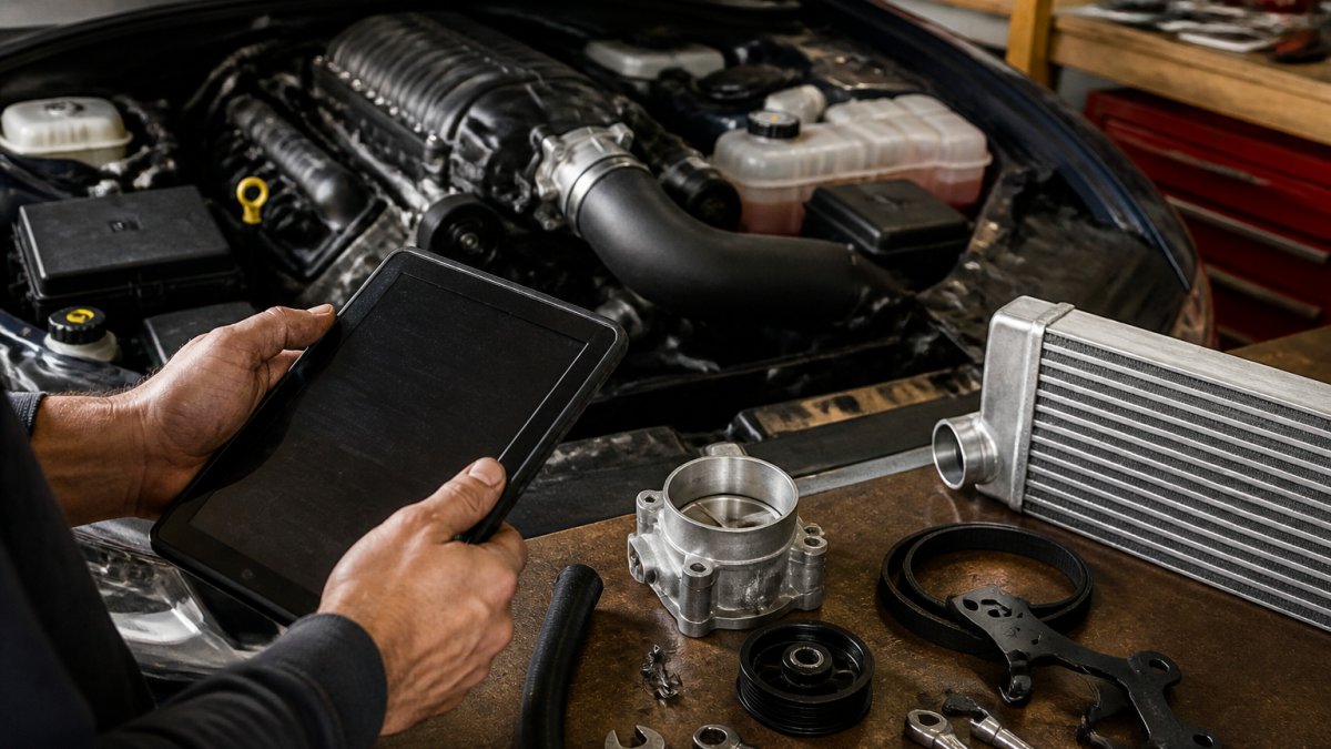 Mechanic checking engine data logs on a tablet beside a modified car engine in a home garage workspace