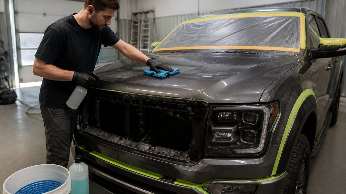 A person in nitrile gloves wiping down the hood of a pickup truck with a microfiber cloth and spray bottle in a clean garage, panels partly masked off, a wash bucket and shampoo bottle nearby
