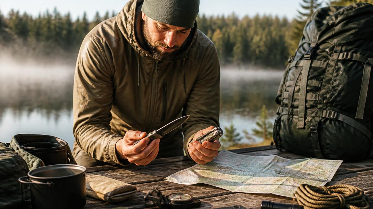 A hiker in a rain jacket kneeling on a wooden table, examining a fixed-blade knife and a folded multi-tool, with a loaded backpack and a paper map spread beside them under soft morning light
