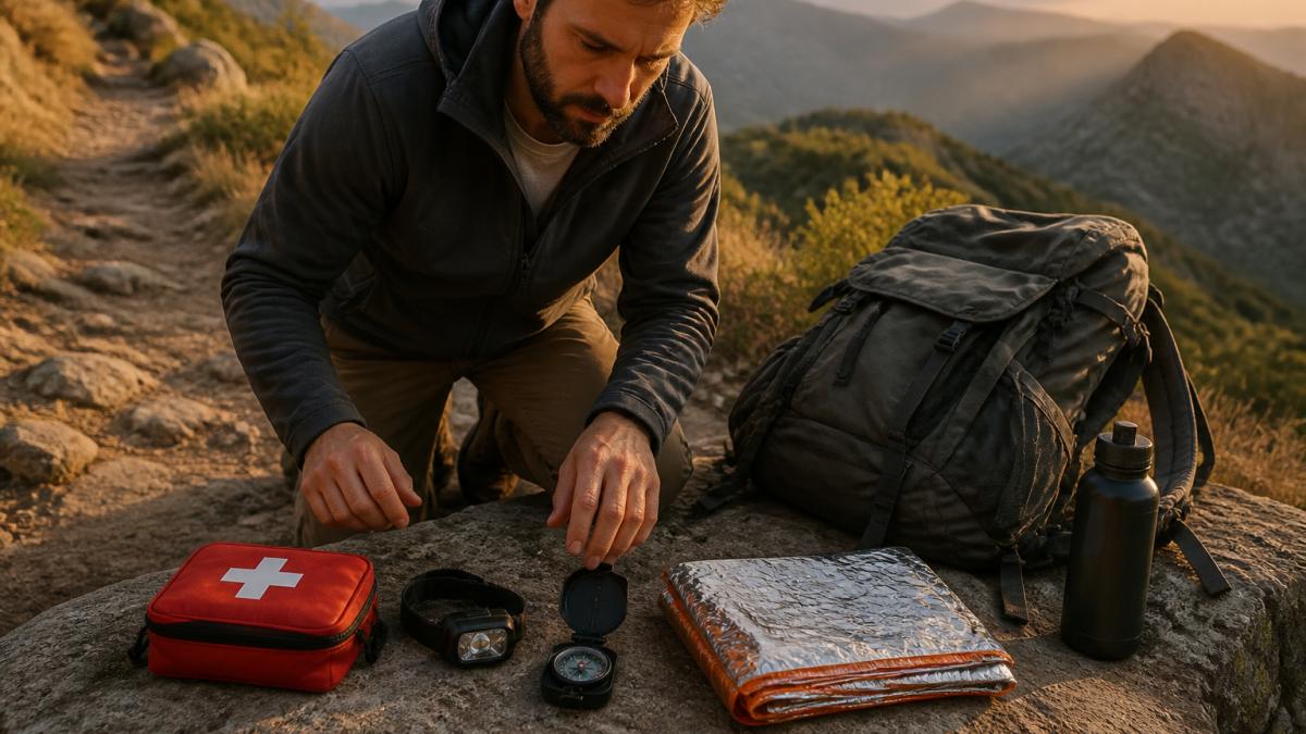 A hiker kneeling on a rocky trail, laying out survival gear including a first aid kit, head torch, compass and emergency sleeping bag on a flat rock, with a backpack beside them