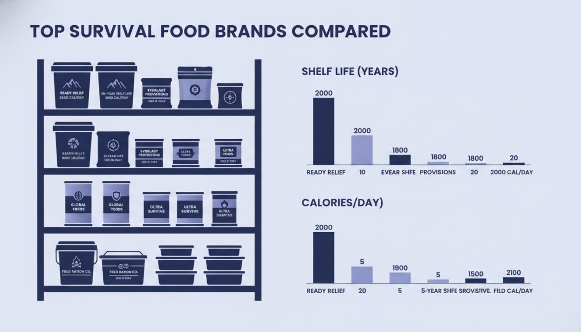 Organized collection of survival food packaging from different brands displayed on storage shelves, showing variety of containers and freeze-dried meal pouches