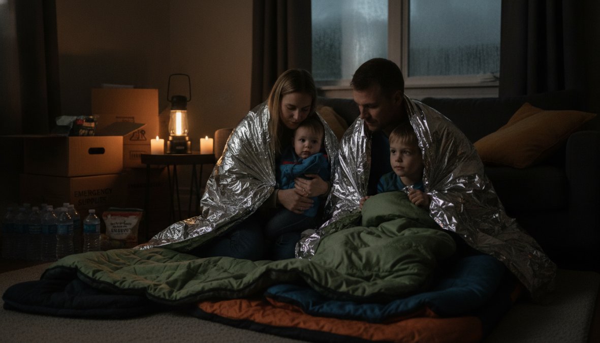 A family gathering around emergency thermal blankets and sleeping bags in a dimly lit room, showing practical warmth solutions during a power outage