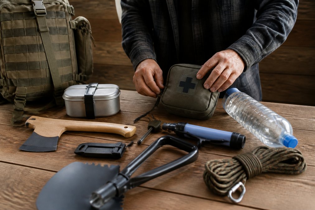 A well-organized survival kit laid out on a wooden table, including a hatchet, folding shovel, fire starter, water filter, first aid kit, and coiled cordage, with a person's hands arranging items under warm indoor lighting