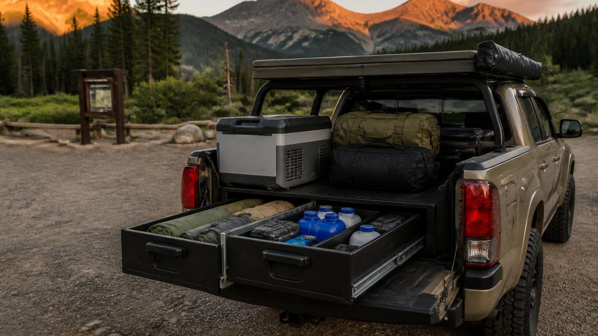 Sliding drawer storage system in a truck bed holding the best survival gear for truck camping at a mountain sunset.