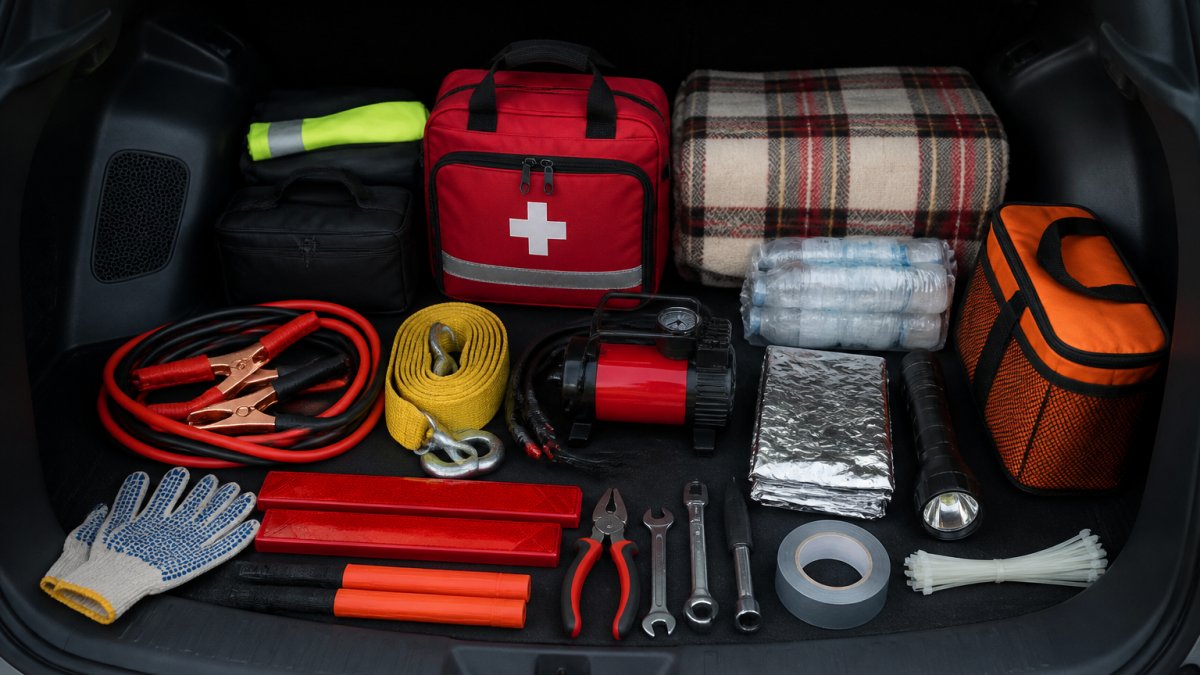 Overhead view of organized emergency supplies in vehicle trunk including first-aid kit, flashlight, jumper cables, thermal blanket, and roadside tools neatly arranged