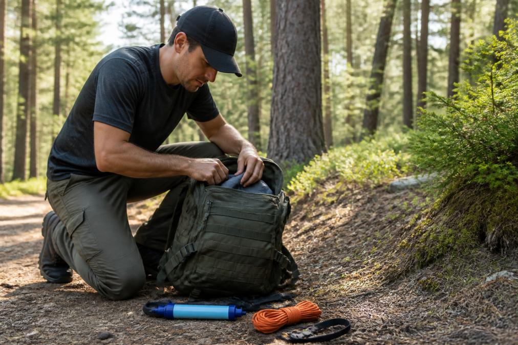 A beginner hiker kneeling on a forest trail, packing a dark green tactical backpack with a LifeStraw water filter and orange paracord coil visible on the ground nearby, surrounded by tall pine trees in soft afternoon light