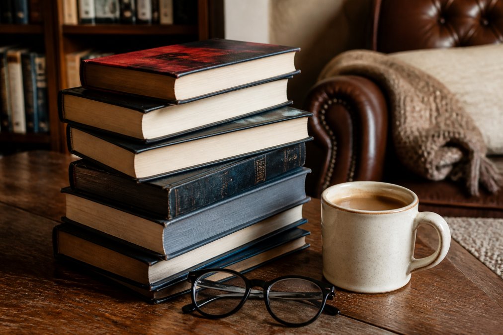 A stack of hardcover suspense and thriller novels on a wooden table, with a cup of coffee and reading glasses nearby, warm lighting