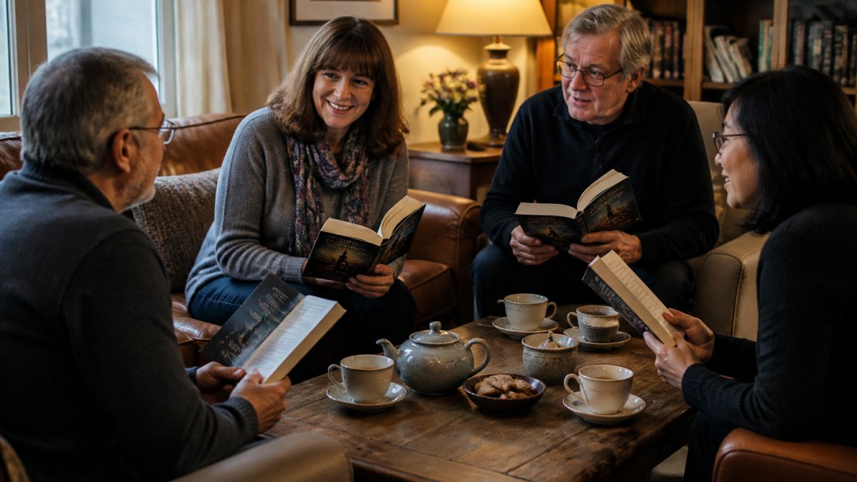 A small group of adults sitting in a cosy lounge room, each holding a paperback novel, with cups of tea on a coffee table and warm lamp light