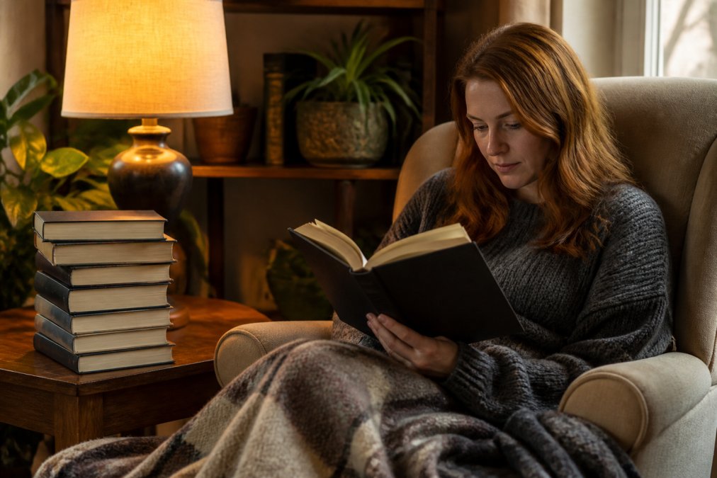 Reader sitting in a cozy armchair with a stack of thriller novels, holding one open with an absorbed expression, warm natural lighting from a nearby lamp