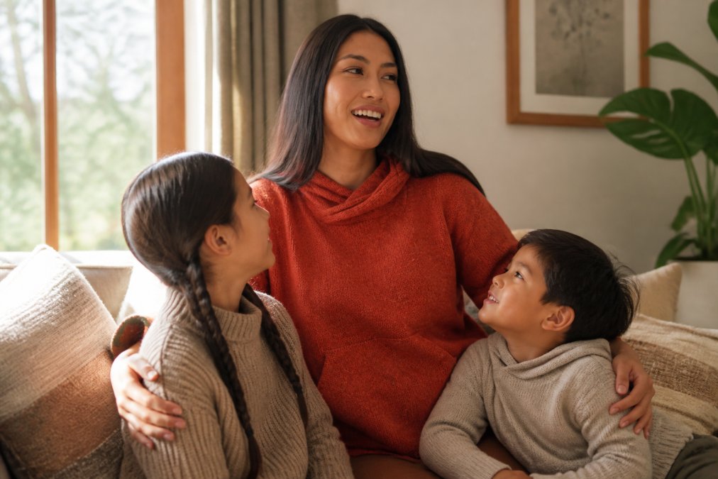 Person wearing a cozy, luxurious Briana Alpaca Hoodie Pullover in warm earth tones, sitting comfortably in a bright home setting with natural sunlight, demonstrating warmth, comfort, and the elegant styling of sustainable alpaca apparel
