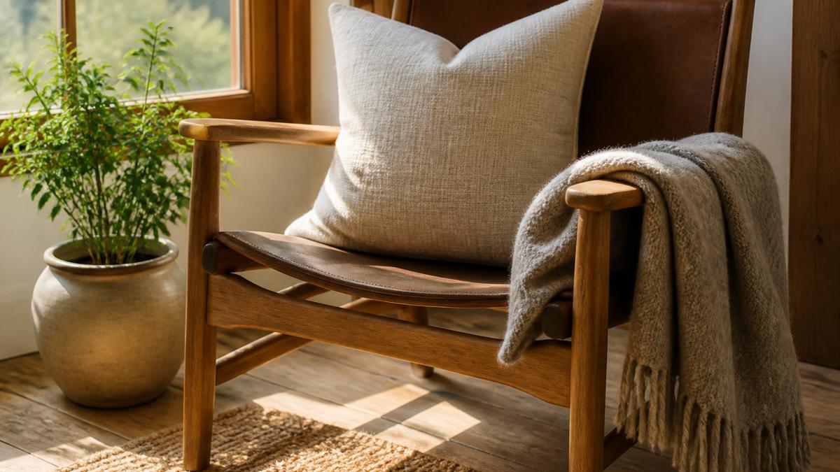 A sunlit living room corner with a linen and hemp cushion cover resting on a timber chair, a wool felt throw draped over the arm, and a small potted plant nearby, styled in soft neutral tones