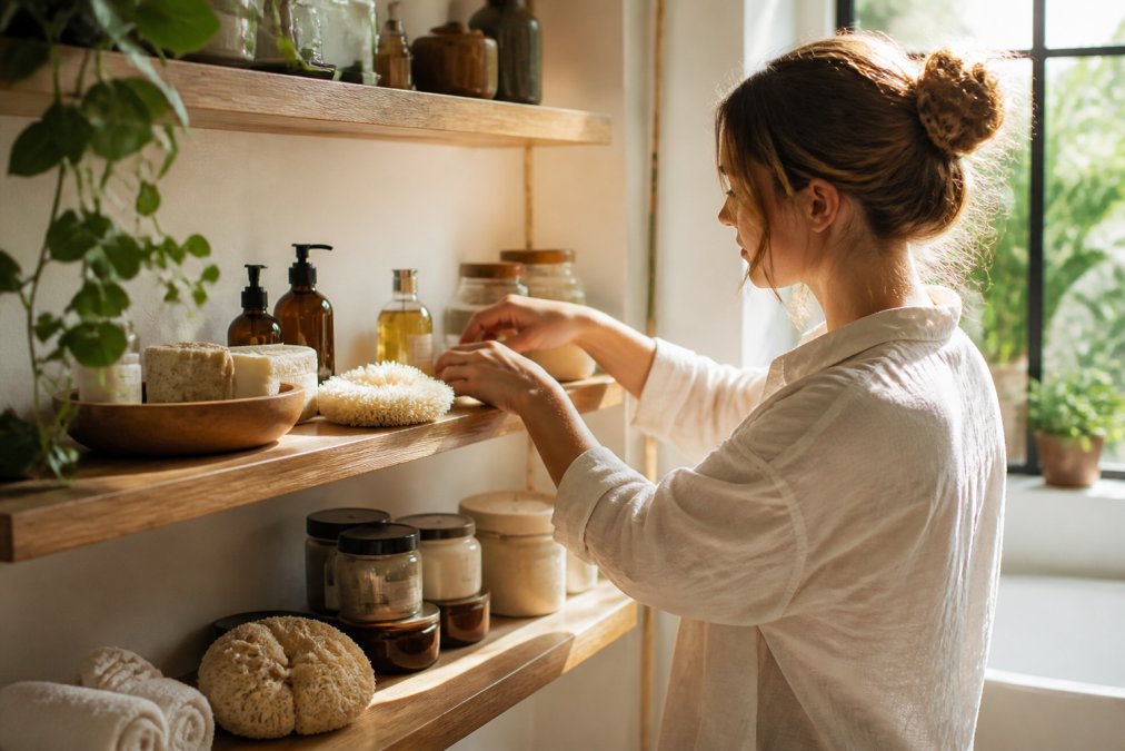 Woman in a bright, naturally lit bathroom arranging sustainable body care products on a wooden shelf, including natural loofahs, tallow balms, and organic moisturizers, with sunlight streaming through a window