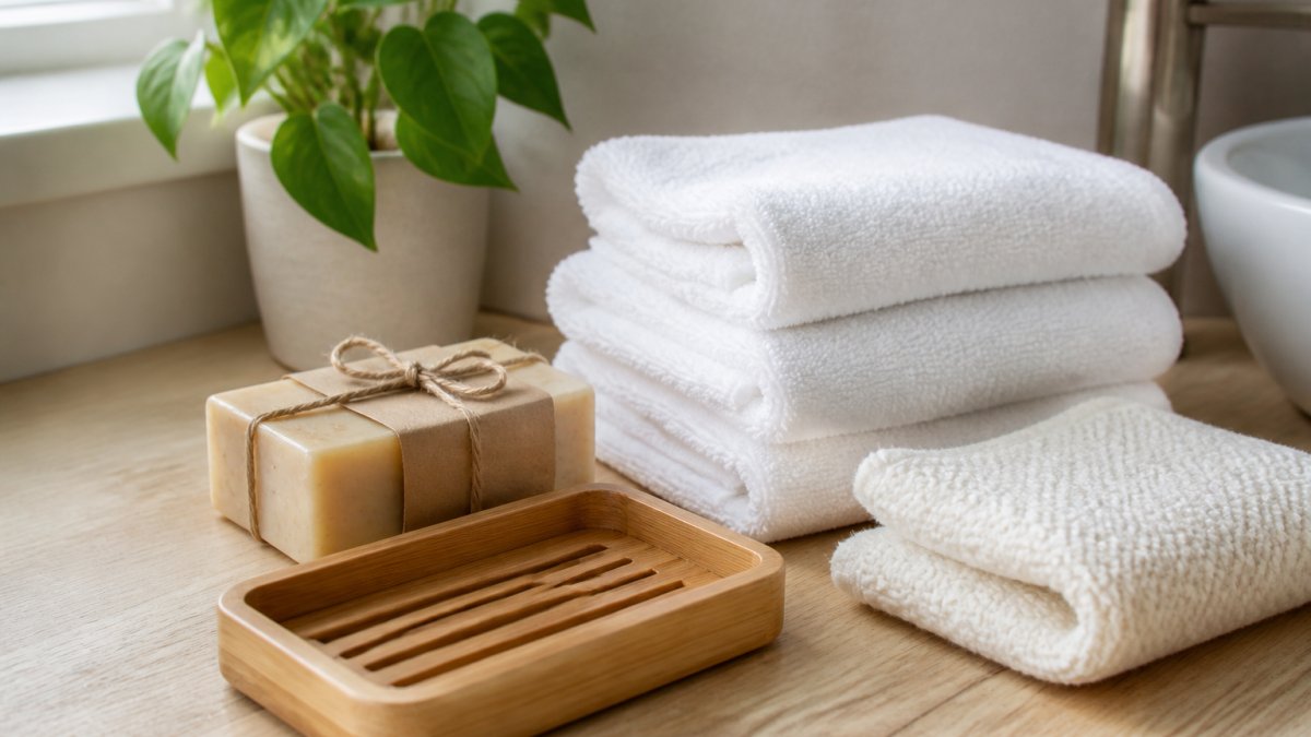 Flat-lay photograph of sustainable cleansing products on a light wooden bathroom counter, including a wrapped bar of soap, a stack of soft white facial towels, a bamboo soap dish, and a folded washcloth, with a small green plant and natural window light in the background