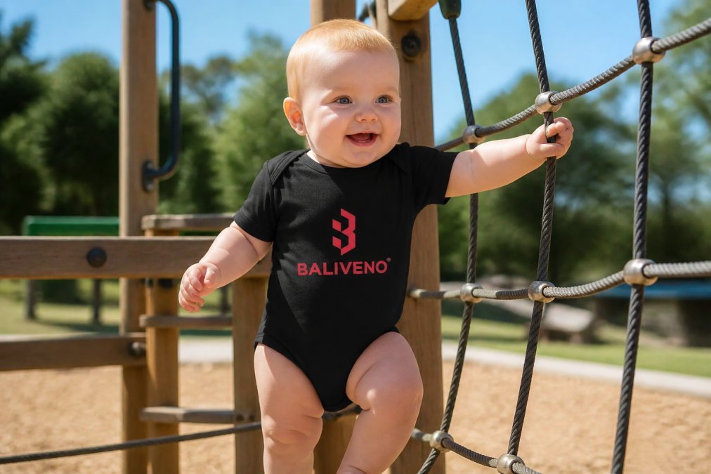 Active child playing outdoors wearing durable, well-fitting sustainable clothing while running and climbing on playground equipment in bright daylight