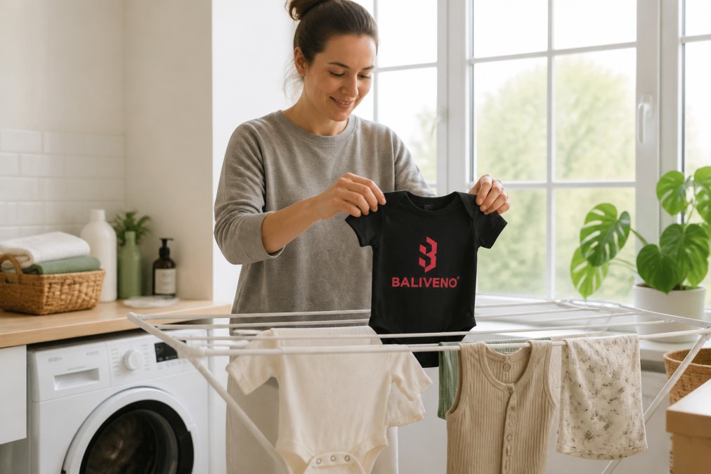 Parent carefully washing and air-drying sustainable children's clothing items in a bright, well-lit laundry room with natural light from windows