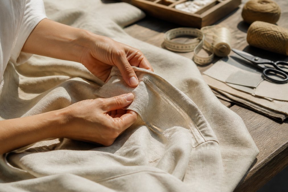 Close-up of hands carefully inspecting the seams and stitching of a linen garment in natural daylight, examining fabric texture and thread quality