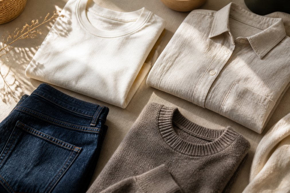 Flat lay of sustainably made clothing pieces including a folded organic cotton tee, a linen shirt, durable indigo denim, and a wool sweater arranged on a neutral beige background with natural morning light