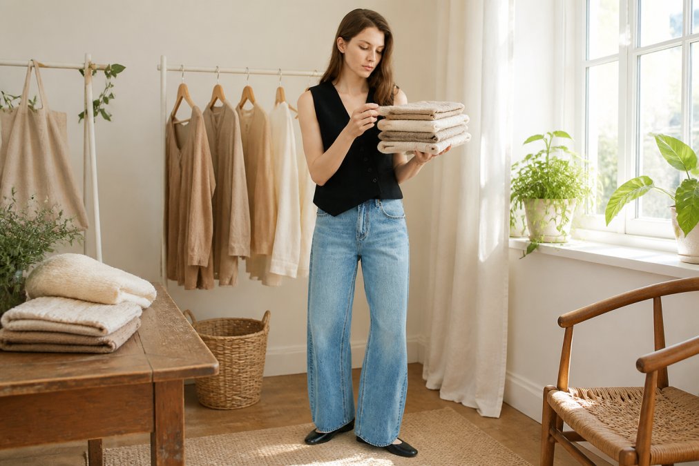 A woman in a bright, airy room with white walls holding up a neatly folded stack of neutral-toned natural-fiber clothing items, examining a fabric care label with a thoughtful expression, warm afternoon light coming through a window beside her