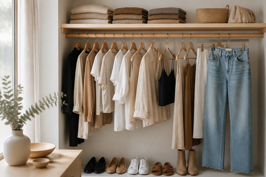 A neatly organized open wardrobe showing a small, curated collection of versatile clothing pieces in earth tones and neutrals, linen tapered trousers, cotton tees, and a silk camisole visible on wooden hangers, with folded knits on a shelf above, soft natural light from a nearby window